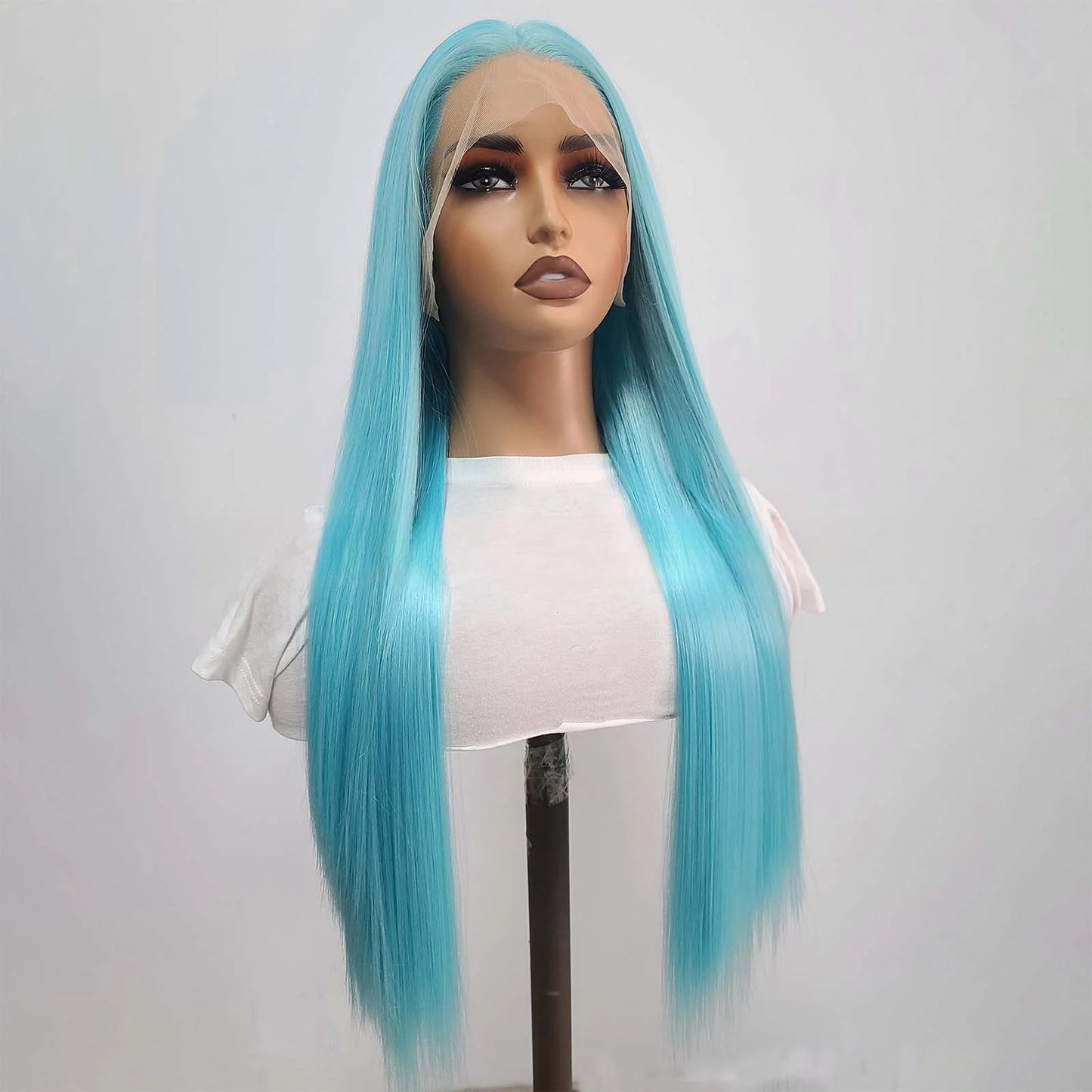 Blue Wig Long Straight Synthetic Lace Front Wig Glueless Ready to Wear Cosplay Party Light Blue Hair Lace Frontal Wigs for Women
