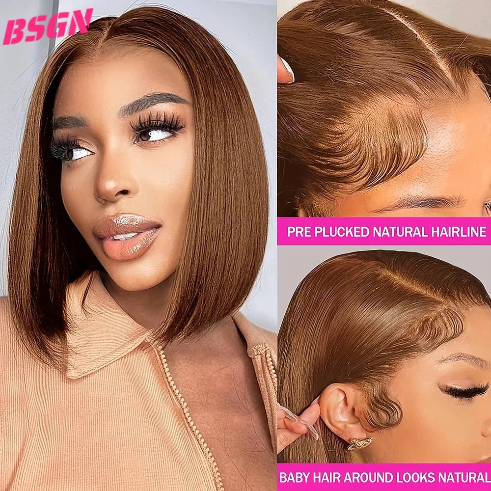 BSGN Chocolate Bob Wigs 220% 13X4 HD Transparent Lace Frontal Wigs Human Hair 100% Human Hair For Woman Pre Plucked Glueless Wig