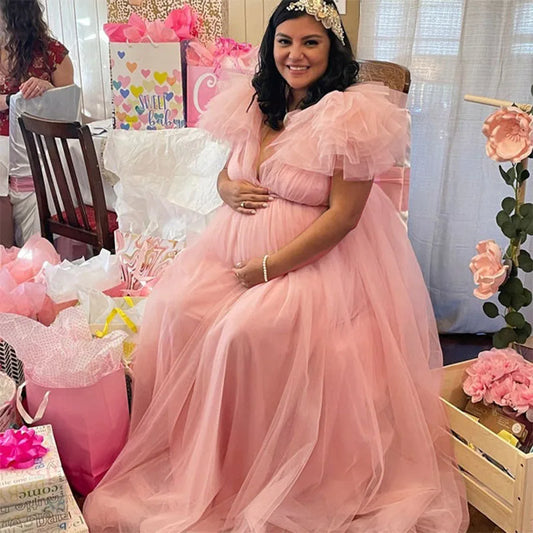 New Pregnancy Woman Dress Lace Photography Clothes Short Sleeve Dresses Tulle Maternity V Neck Split Skirt Photoshoot Props
