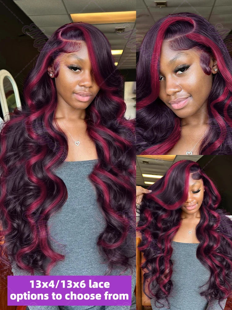 1b/99j Burgundy Highlight Body Wave 13x4 HD Lace Front Human Hair Wig Brazilian 30 32 Inch Colored 13x6 Lace Frontal Wigs 200%