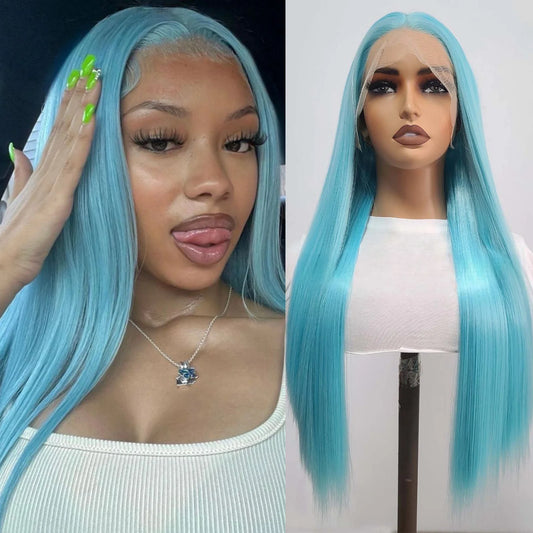 Blue Wig Long Straight Synthetic Lace Front Wig Glueless Ready to Wear Cosplay Party Light Blue Hair Lace Frontal Wigs for Women